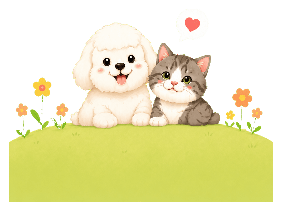 Dog and cat sitting in a garden